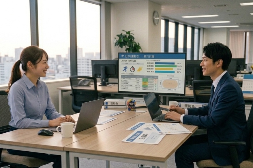 オフィスでデスクを挟んで向かい合い、笑顔で打ち合わせをする社員とプランナー。二人の間にはノートパソコンや資料、社内運動会の実行計画が表示されたモニターがある。