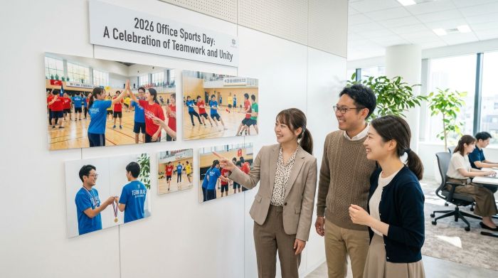 会社に掲示された運動会の集合写真を見ながら微笑んでいる様子
