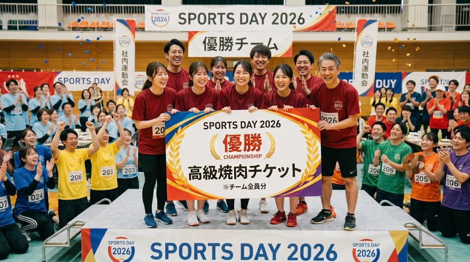 社内運動会の表彰式で豪華景品や表彰状を受け取り笑顔で見せ合う社員たちの様子