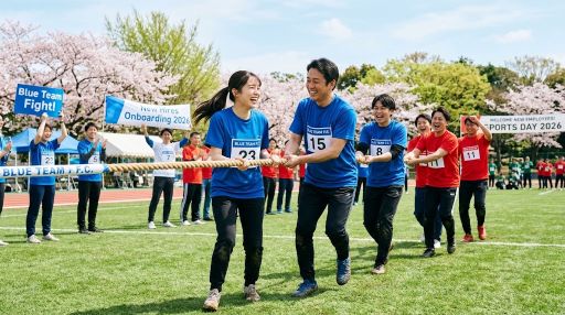 4月・5月の社内運動会で新入社員と先輩社員が笑顔で協力し合っている様子
